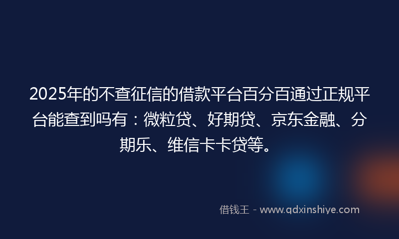 2025年的不查征信的借款平台百分百通过正规平台能查到吗有：微粒贷、好期贷、京东金融、分期乐、维信卡卡贷等。