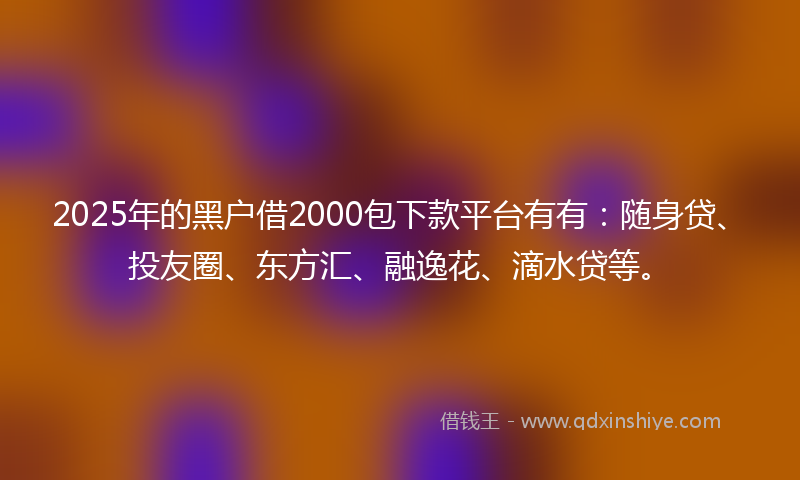 2025年的黑户借2000包下款平台有有：随身贷、投友圈、东方汇、融逸花、滴水贷等。