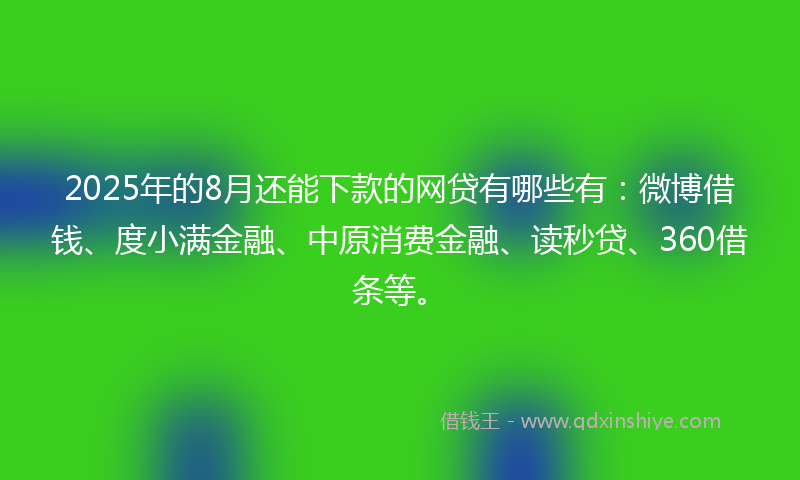 2025年的8月还能下款的网贷有哪些有：微博借钱、度小满金融、中原消费金融、读秒贷、360借条等。