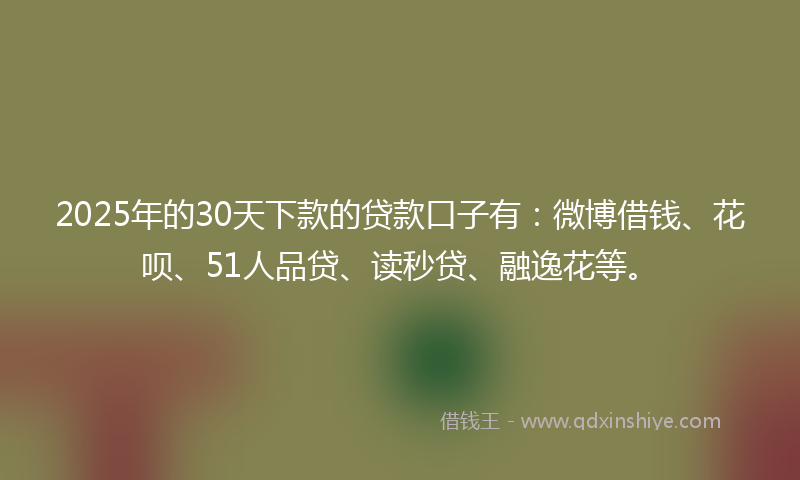 2025年的30天下款的贷款口子有：微博借钱、花呗、51人品贷、读秒贷、融逸花等。