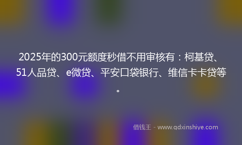 2025年的300元额度秒借不用审核有：柯基贷、51人品贷、e微贷、平安口袋银行、维信卡卡贷等。
