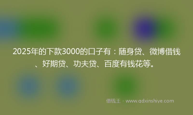 2025年的下款3000的口子有：随身贷、微博借钱、好期贷、功夫贷、百度有钱花等。