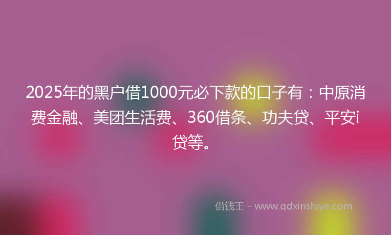 2025年的黑户借1000元必下款的口子有：中原消费金融、美团生活费、360借条、功夫贷、平安i贷等。