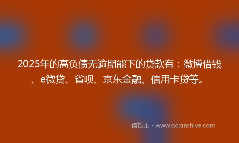 2025年的高负债无逾期能下的贷款有:微博借钱、e微贷、省呗、京东金融、信用卡贷等。