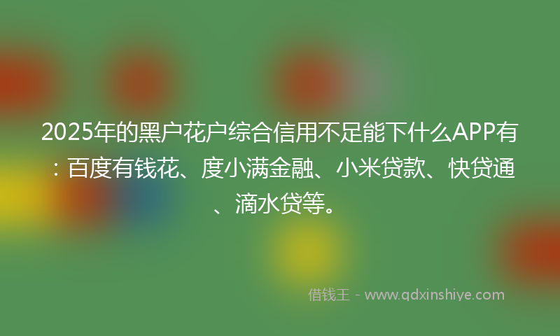 2025年的黑户花户综合信用不足能下什么APP有：百度有钱花、度小满金融、小米贷款、快贷通、滴水贷等。