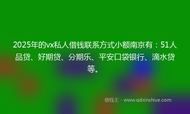 2025年的vx私人借钱联系方式小额南京有：51人品贷、好期贷、分期乐、平安口袋银行、滴水贷等。