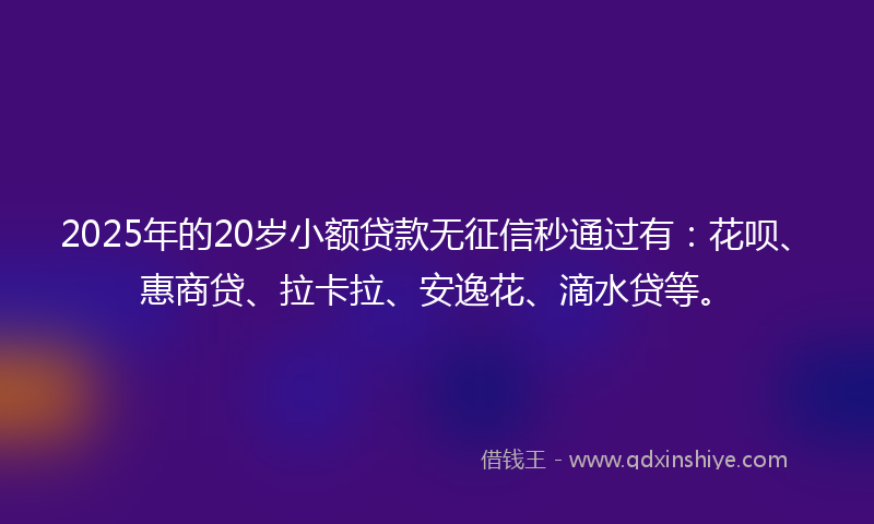 2025年的20岁小额贷款无征信秒通过有：花呗、惠商贷、拉卡拉、安逸花、滴水贷等。