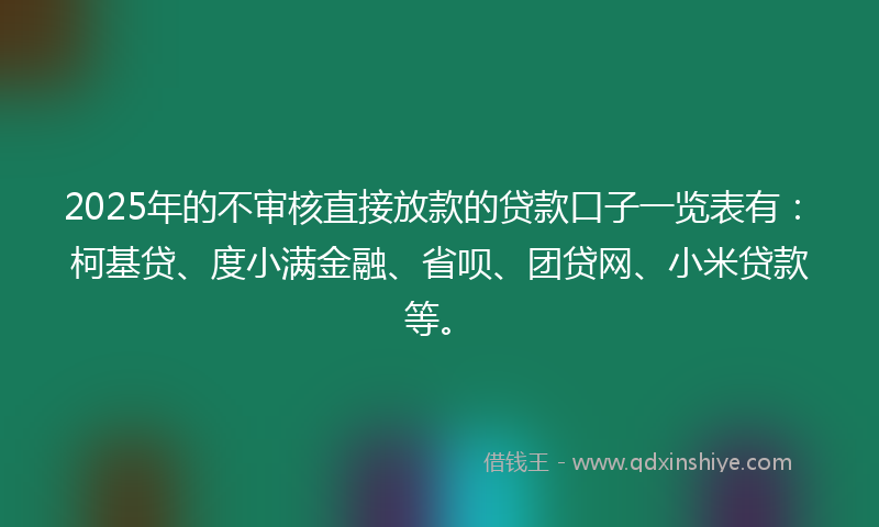 2025年的不审核直接放款的贷款口子一览表有：柯基贷、度小满金融、省呗、团贷网、小米贷款等。
