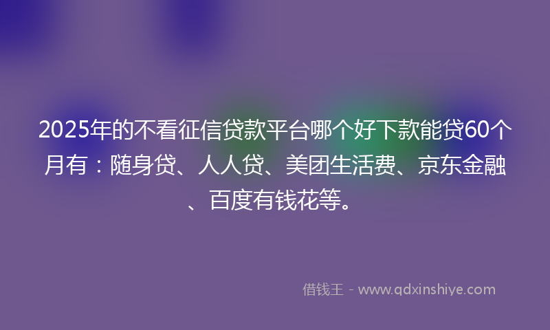 2025年的不看征信贷款平台哪个好下款能贷60个月有：随身贷、人人贷、美团生活费、京东金融、百度有钱花等。