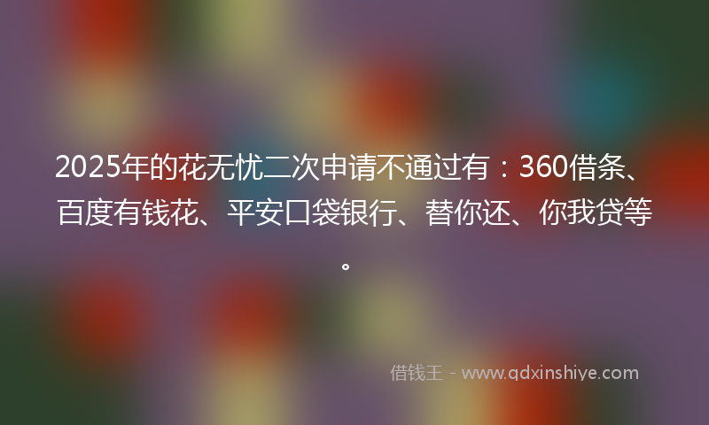 2025年的花无忧二次申请不通过有：360借条、百度有钱花、平安口袋银行、替你还、你我贷等。