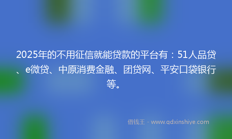2025年的不用征信就能贷款的平台有：51人品贷、e微贷、中原消费金融、团贷网、平安口袋银行等。