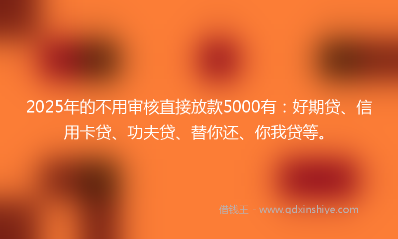 2025年的不用审核直接放款5000有：好期贷、信用卡贷、功夫贷、替你还、你我贷等。