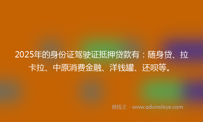 2025年的身份证驾驶证抵押贷款有：随身贷、拉卡拉、中原消费金融、洋钱罐、还呗等。