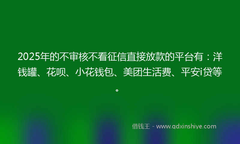 2025年的不审核不看征信直接放款的平台有：洋钱罐、花呗、小花钱包、美团生活费、平安i贷等。