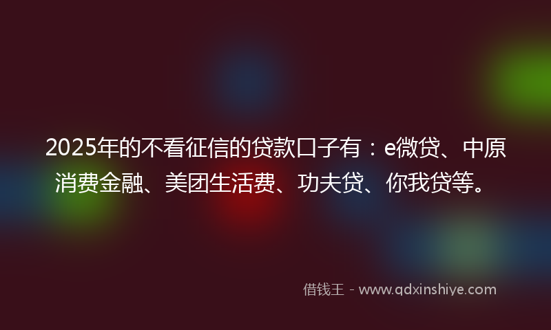 2025年的不看征信的贷款口子有：e微贷、中原消费金融、美团生活费、功夫贷、你我贷等。