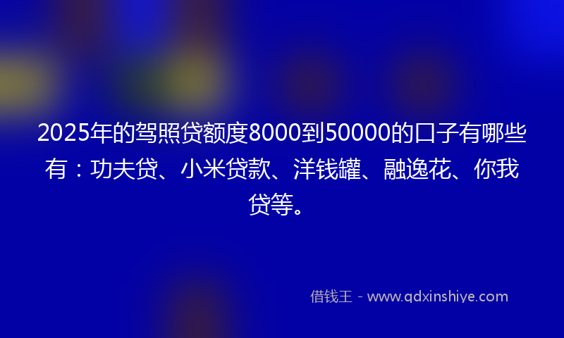 2025年的驾照贷额度8000到50000的口子有哪些有：功夫贷、小米贷款、洋钱罐、融逸花、你我贷等。