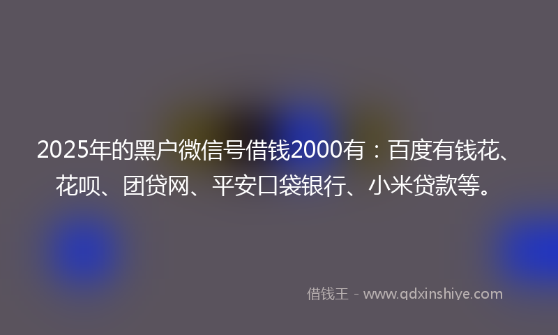 2025年的黑户微信号借钱2000有：百度有钱花、花呗、团贷网、平安口袋银行、小米贷款等。