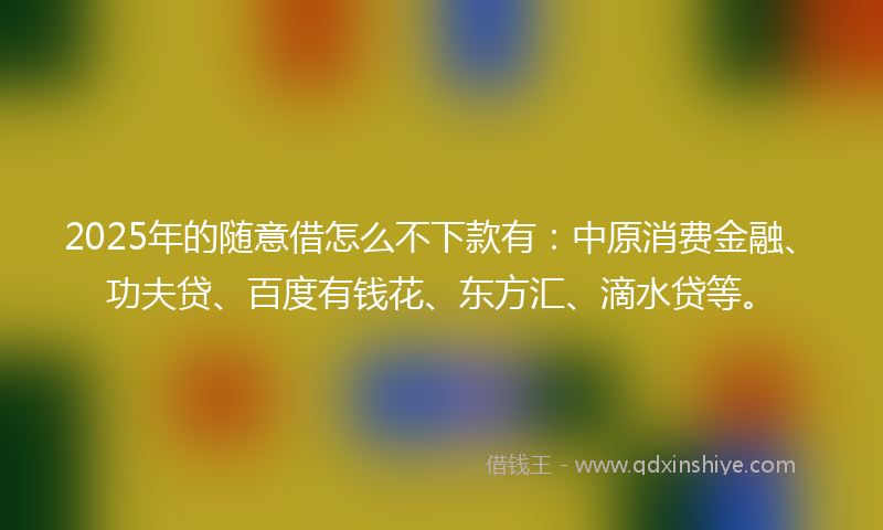 2025年的随意借怎么不下款有:中原消费金融、功夫贷、百度有钱花、东方汇、滴水贷等。