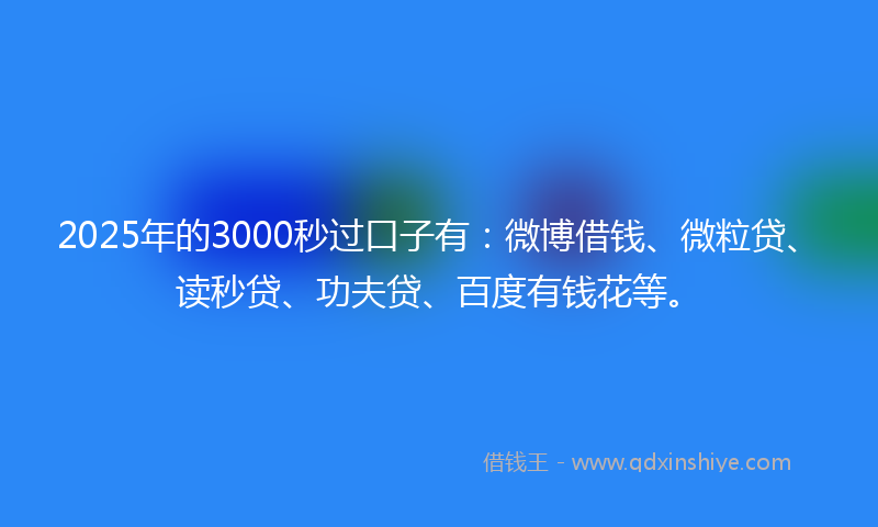 2025年的3000秒过口子有：微博借钱、微粒贷、读秒贷、功夫贷、百度有钱花等。