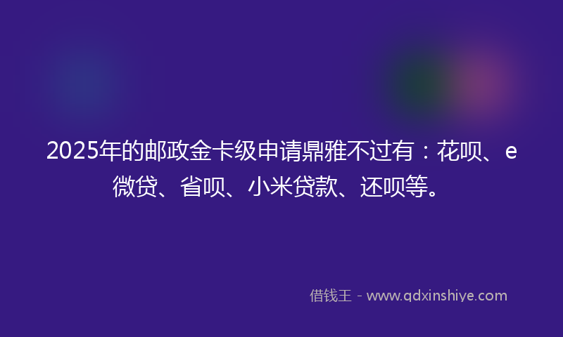 2025年的邮政金卡级申请鼎雅不过有：花呗、e微贷、省呗、小米贷款、还呗等。