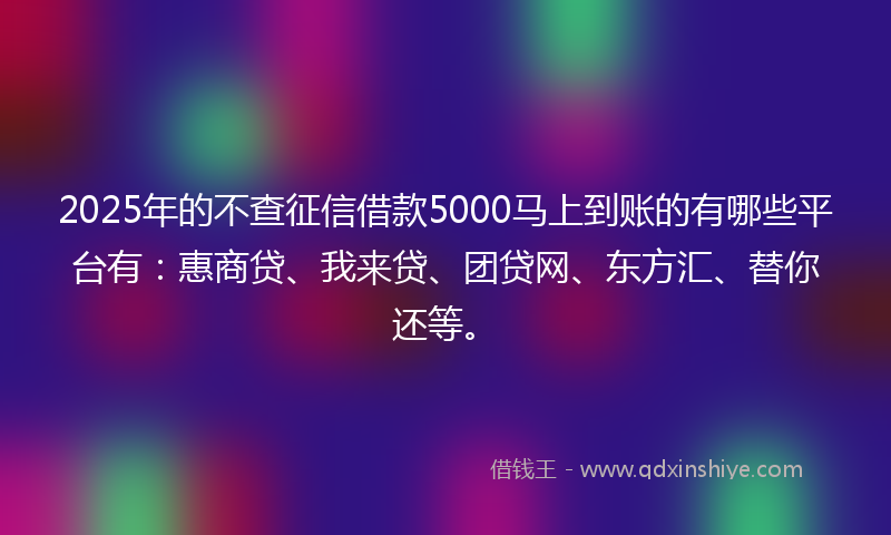 2025年的不查征信借款5000马上到账的有哪些平台有：惠商贷、我来贷、团贷网、东方汇、替你还等。