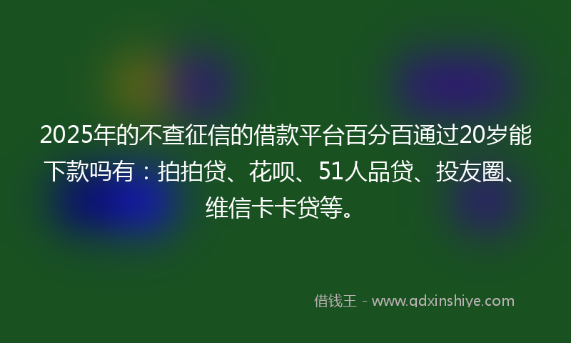 2025年的不查征信的借款平台百分百通过20岁能下款吗有：拍拍贷、花呗、51人品贷、投友圈、维信卡卡贷等。