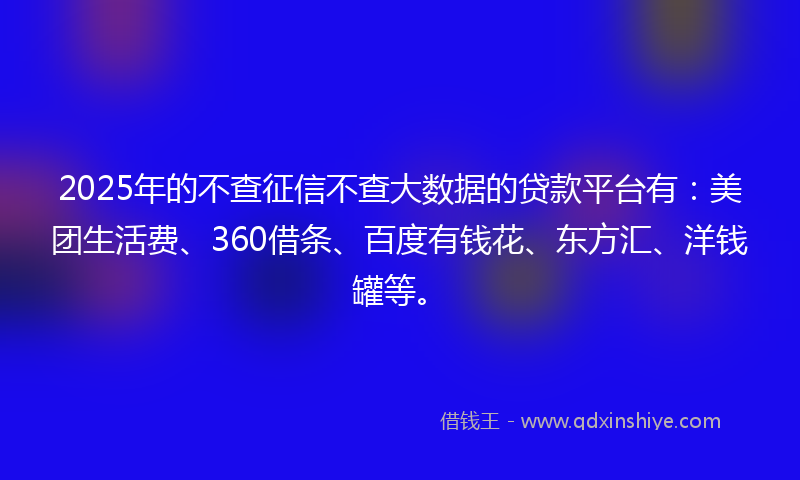 2025年的不查征信不查大数据的贷款平台有：美团生活费、360借条、百度有钱花、东方汇、洋钱罐等。