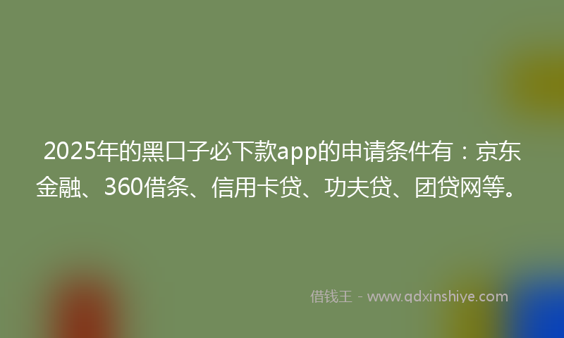 2025年的黑口子必下款app的申请条件有：京东金融、360借条、信用卡贷、功夫贷、团贷网等。