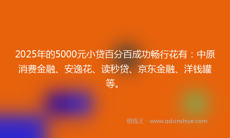 2025年的5000元小贷百分百成功畅行花有：中原消费金融、安逸花、读秒贷、京东金融、洋钱罐等。