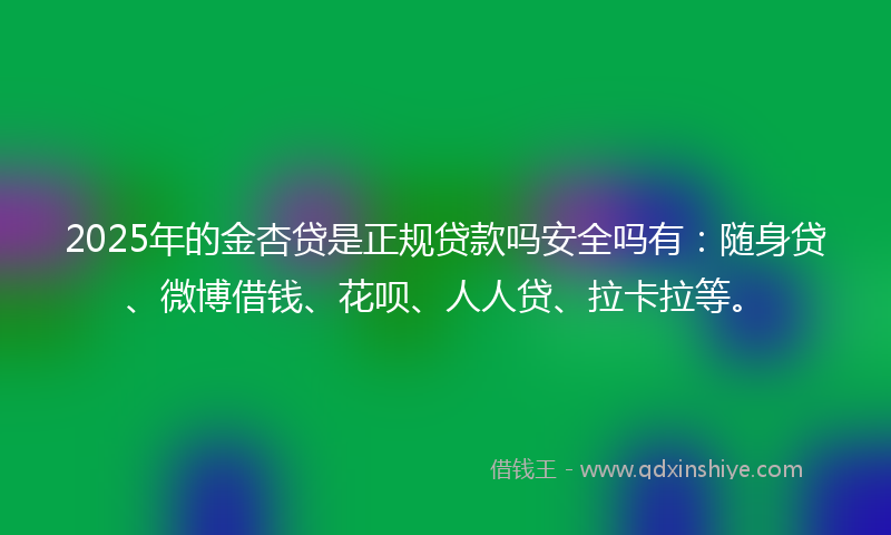 2025年的金杏贷是正规贷款吗安全吗有：随身贷、微博借钱、花呗、人人贷、拉卡拉等。