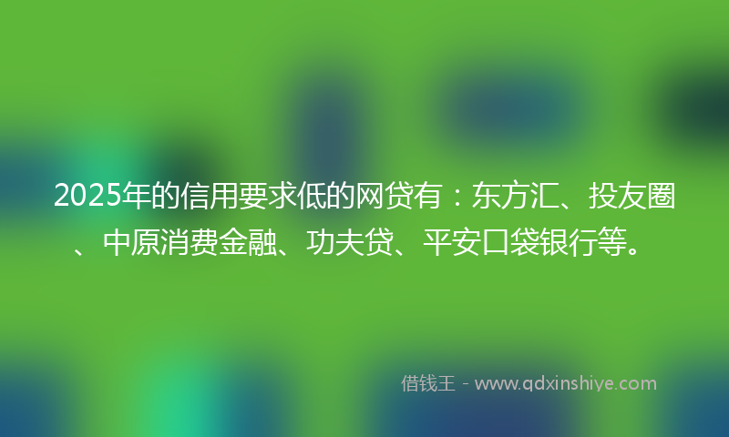 2025年的信用要求低的网贷有：东方汇、投友圈、中原消费金融、功夫贷、平安口袋银行等。