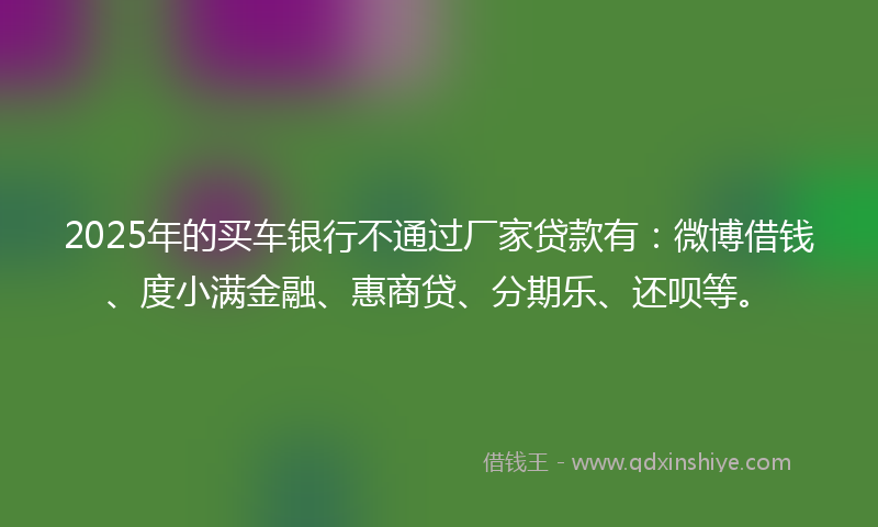 2025年的买车银行不通过厂家贷款有：微博借钱、度小满金融、惠商贷、分期乐、还呗等。