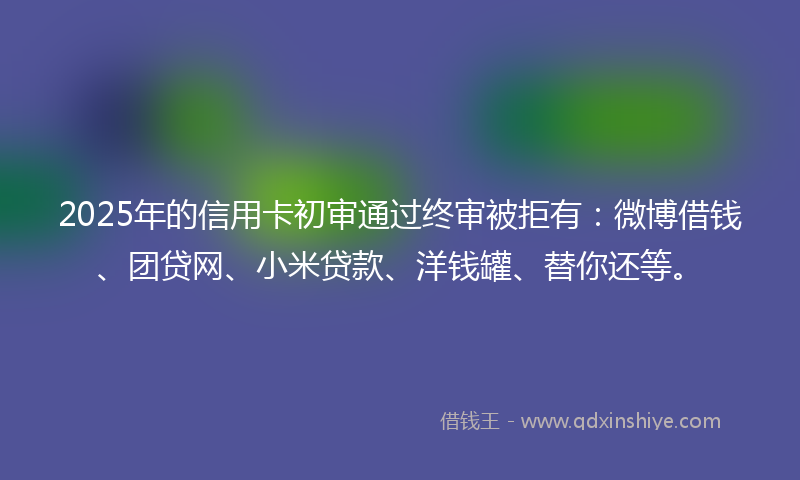 2025年的信用卡初审通过终审被拒有：微博借钱、团贷网、小米贷款、洋钱罐、替你还等。