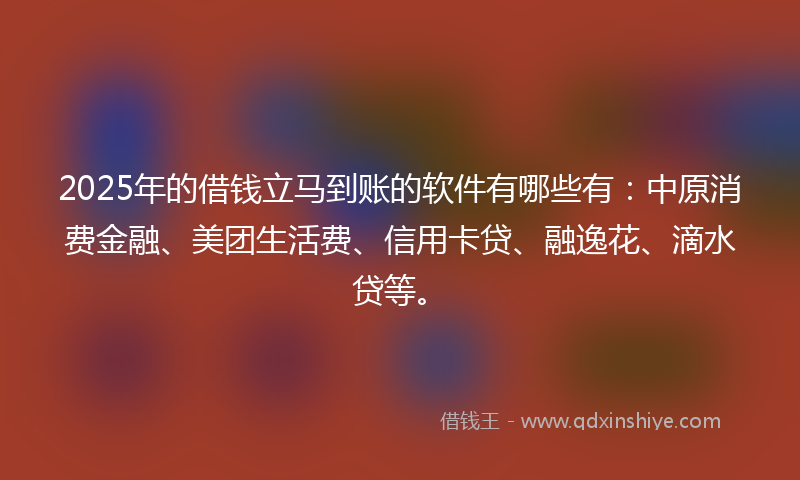 2025年的借钱立马到账的软件有哪些有：中原消费金融、美团生活费、信用卡贷、融逸花、滴水贷等。