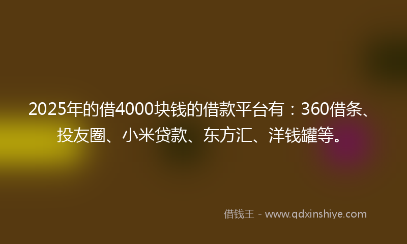 2025年的借4000块钱的借款平台有：360借条、投友圈、小米贷款、东方汇、洋钱罐等。