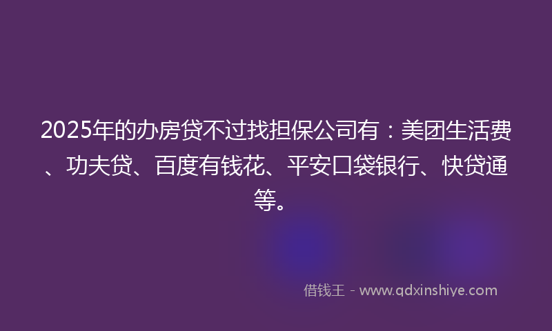 2025年的办房贷不过找担保公司有：美团生活费、功夫贷、百度有钱花、平安口袋银行、快贷通等。