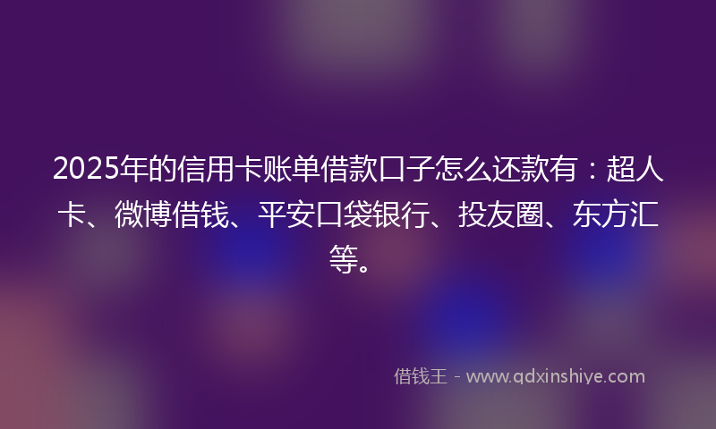 2025年的信用卡账单借款口子怎么还款有：超人卡、微博借钱、平安口袋银行、投友圈、东方汇等。
