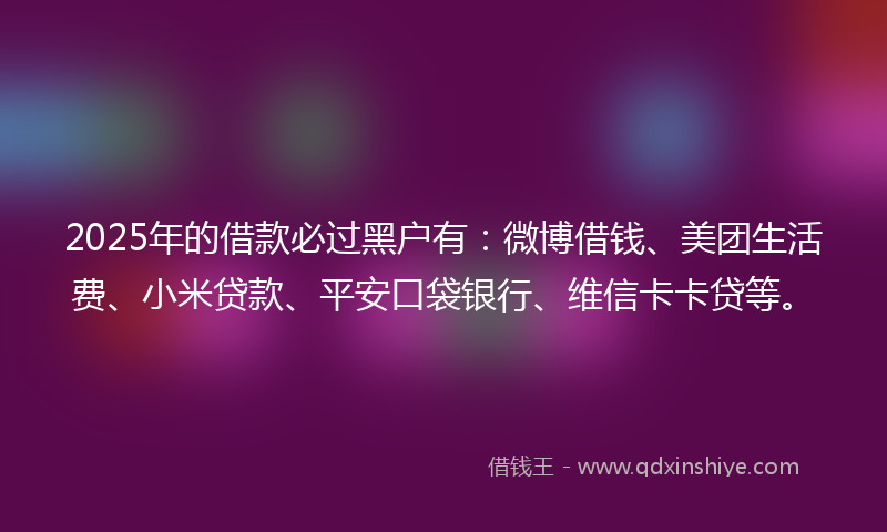 2025年的借款必过黑户有：微博借钱、美团生活费、小米贷款、平安口袋银行、维信卡卡贷等。