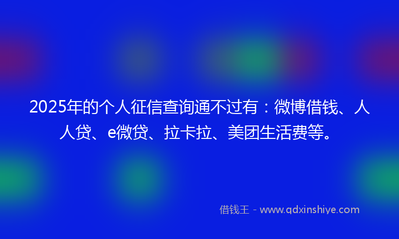 2025年的个人征信查询通不过有：微博借钱、人人贷、e微贷、拉卡拉、美团生活费等。