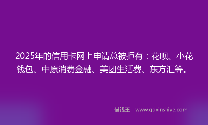 2025年的信用卡网上申请总被拒有：花呗、小花钱包、中原消费金融、美团生活费、东方汇等。