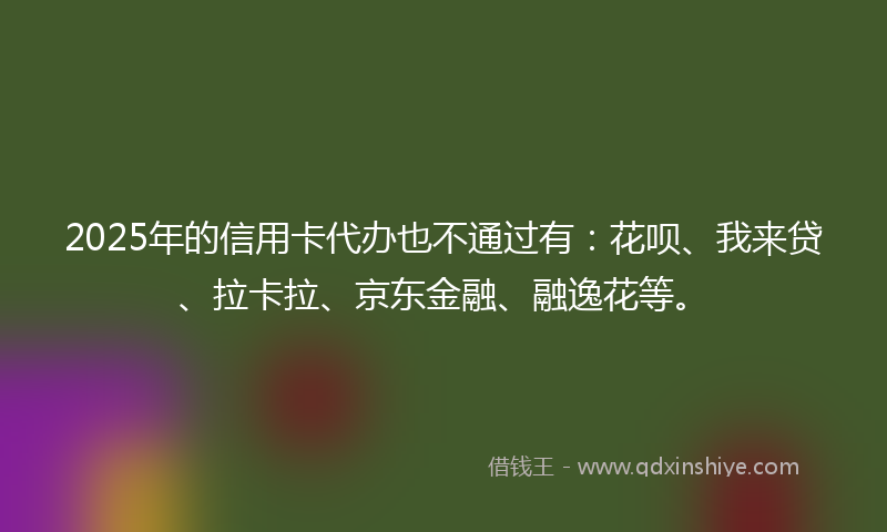 2025年的信用卡代办也不通过有：花呗、我来贷、拉卡拉、京东金融、融逸花等。