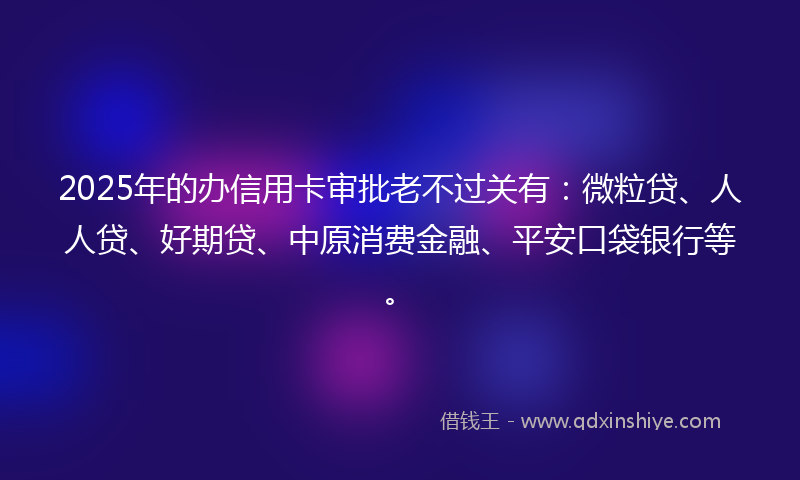 2025年的办信用卡审批老不过关有：微粒贷、人人贷、好期贷、中原消费金融、平安口袋银行等。