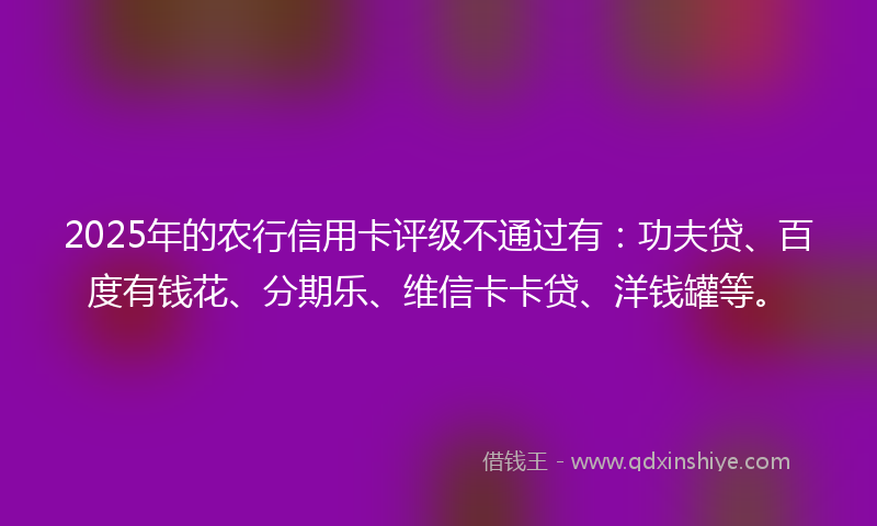2025年的农行信用卡评级不通过有：功夫贷、百度有钱花、分期乐、维信卡卡贷、洋钱罐等。