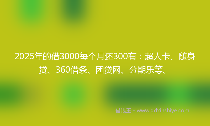 2025年的借3000每个月还300有：超人卡、随身贷、360借条、团贷网、分期乐等。