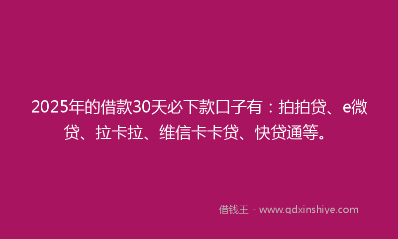 2025年的借款30天必下款口子有：拍拍贷、e微贷、拉卡拉、维信卡卡贷、快贷通等。