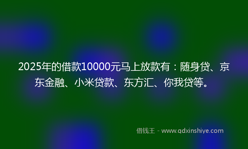 2025年的借款10000元马上放款有：随身贷、京东金融、小米贷款、东方汇、你我贷等。