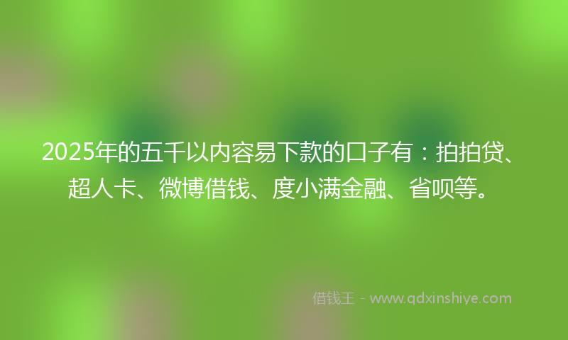 2025年的五千以内容易下款的口子有：拍拍贷、超人卡、微博借钱、度小满金融、省呗等。