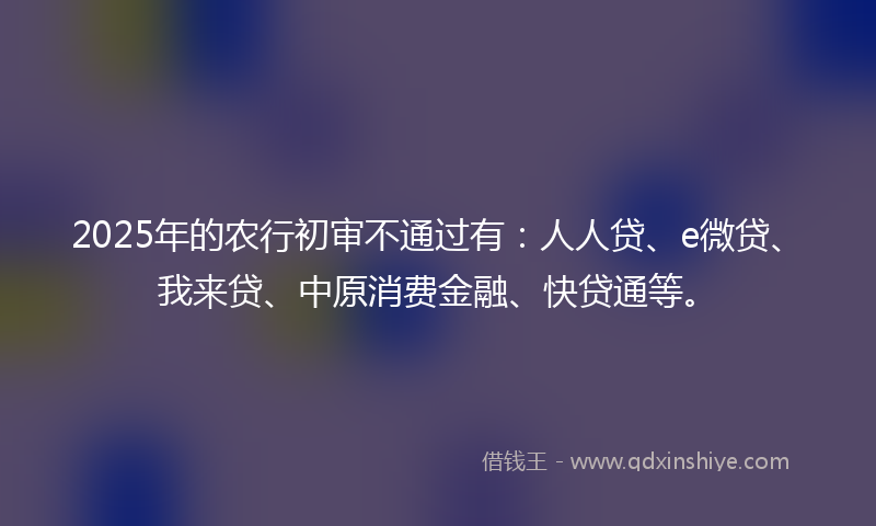 2025年的农行初审不通过有：人人贷、e微贷、我来贷、中原消费金融、快贷通等。