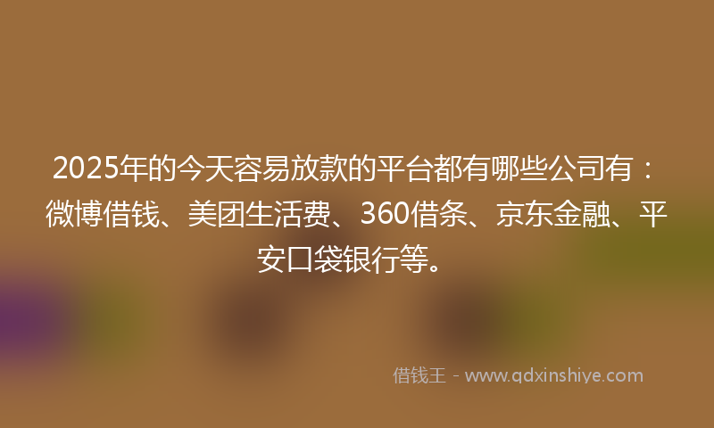 2025年的今天容易放款的平台都有哪些公司有：微博借钱、美团生活费、360借条、京东金融、平安口袋银行等。