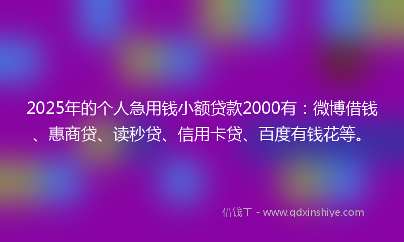 2025年的个人急用钱小额贷款2000有：微博借钱、惠商贷、读秒贷、信用卡贷、百度有钱花等。